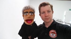 Brett with Gary Foley puppet in Richard Bell film project.