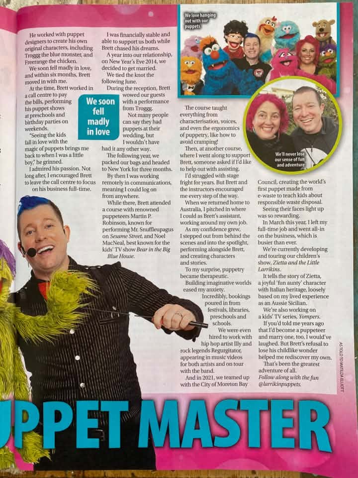 Page 2 of the Take 5 Magazine feature about Larrikin Puppets