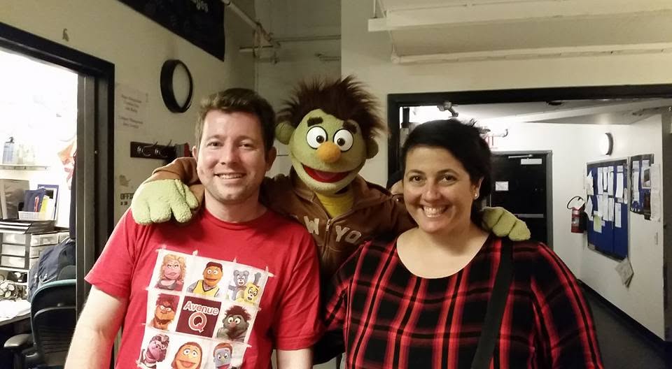 Backstage at Avenue Q at New World Stages in New York with Nicky character