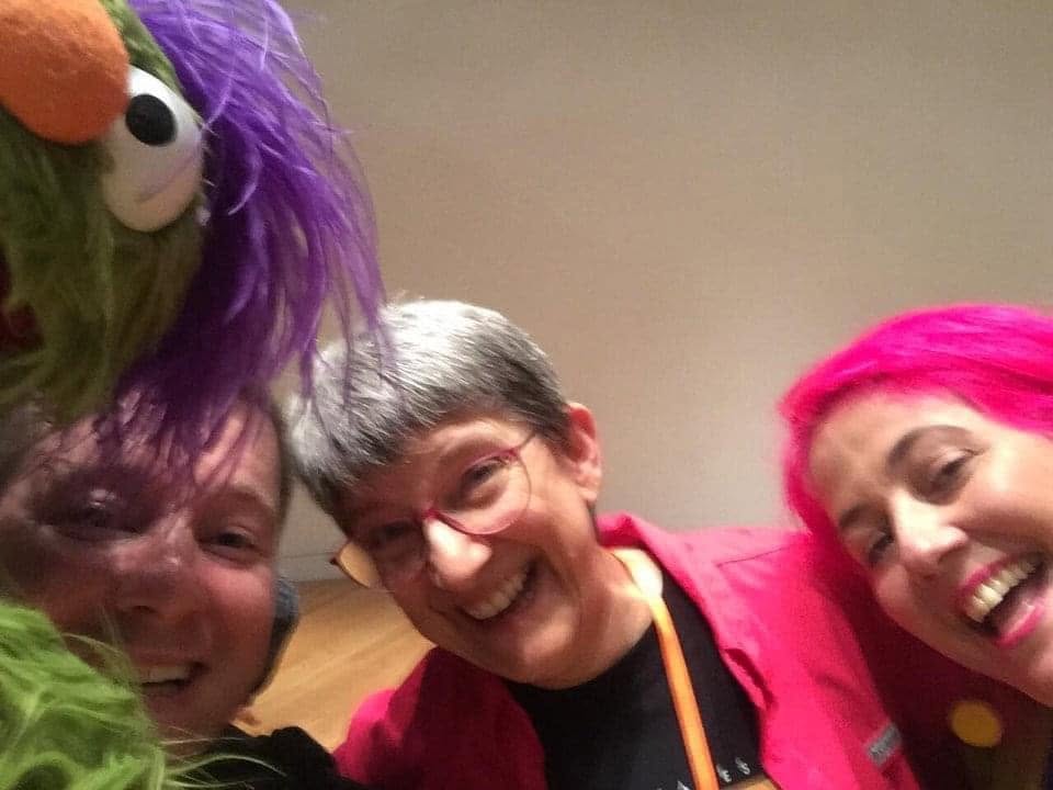 Brett and Elissa of Larrikin Puppets with Red Fraggle performer Karen Prell and Frazzamatazz the puppet in Wellington