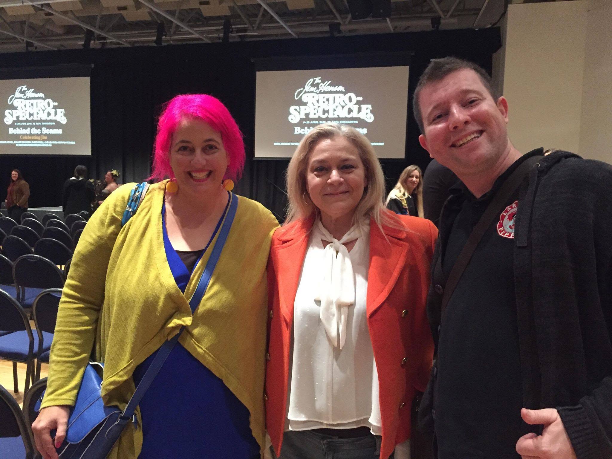 Puppeteers Brett Hansen and Elissa Jenkins with Carmen Osbahr, performer of Rosita from Sesame Street, in Wellington