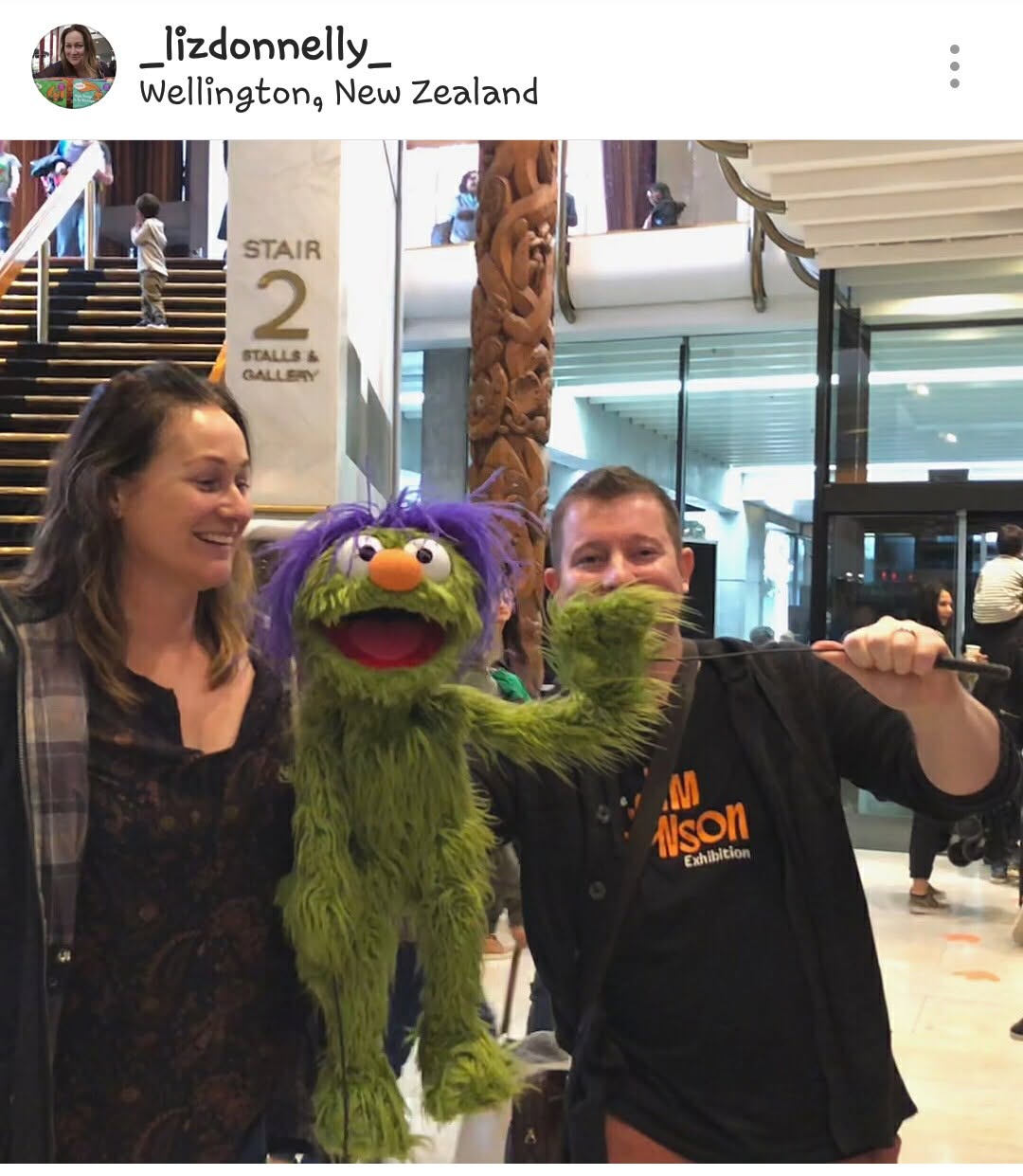 Liz Donnelly meeting Frazzamatazz the puppet in the Michael Fowler Centre foyer in Wellington