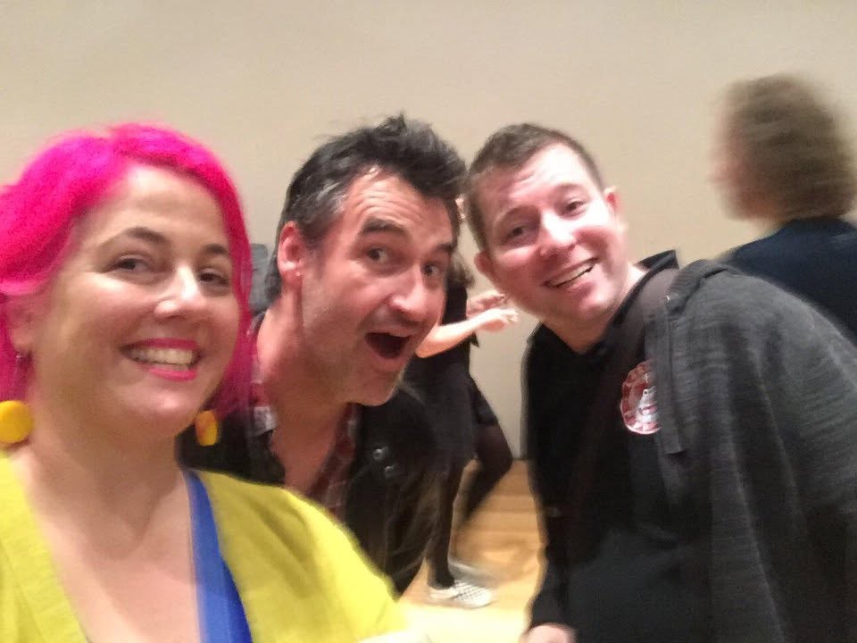 Puppeteer Brett Hansen and Elissa Jenkins with New Zealand puppeteer Jeremy Dillon of The Moe Show in Wellington