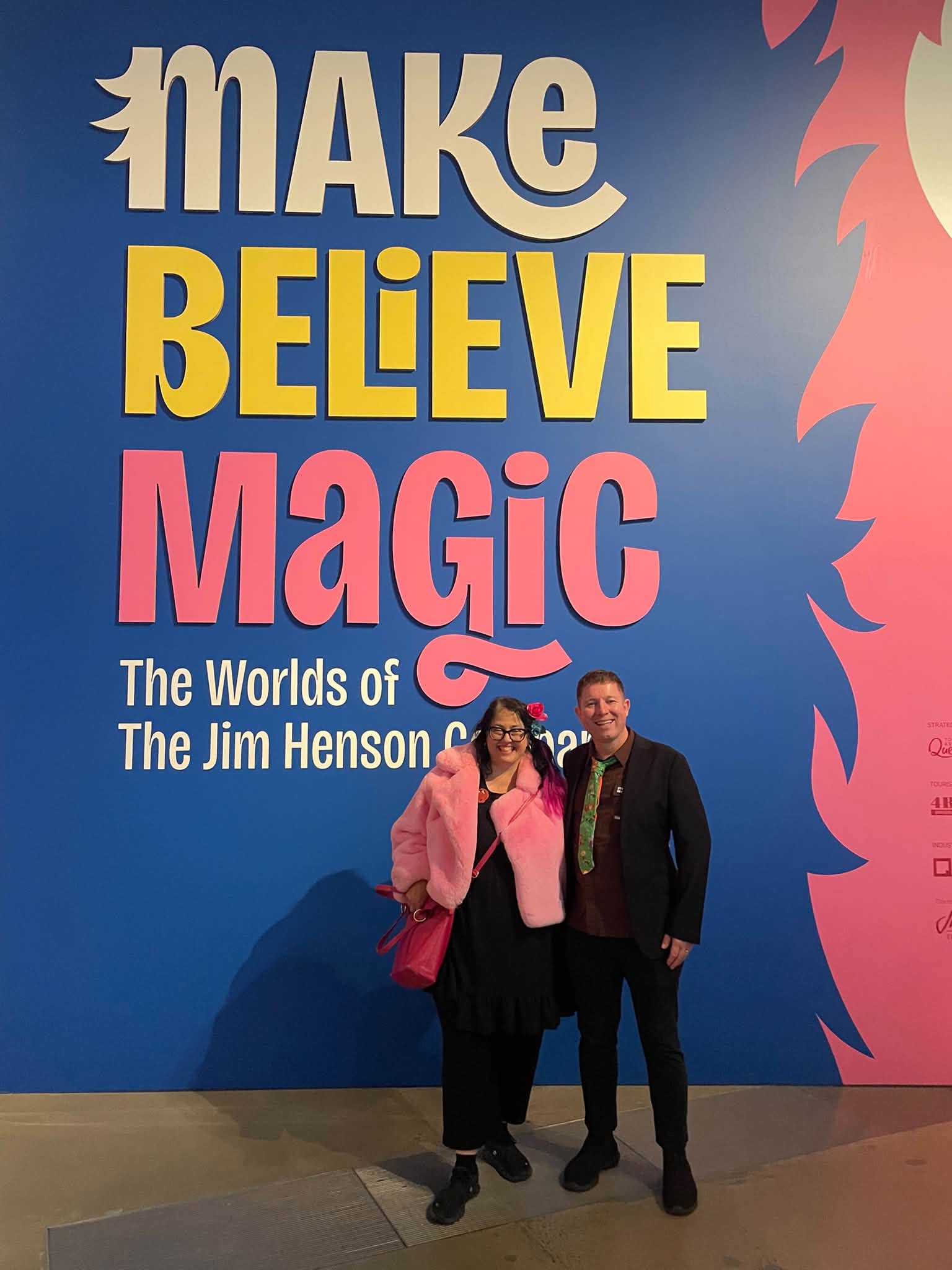Larrikin Puppets with their puppets at the Make, Believe, Magic Jim Henson exhibition at QAGOMA in Brisbane