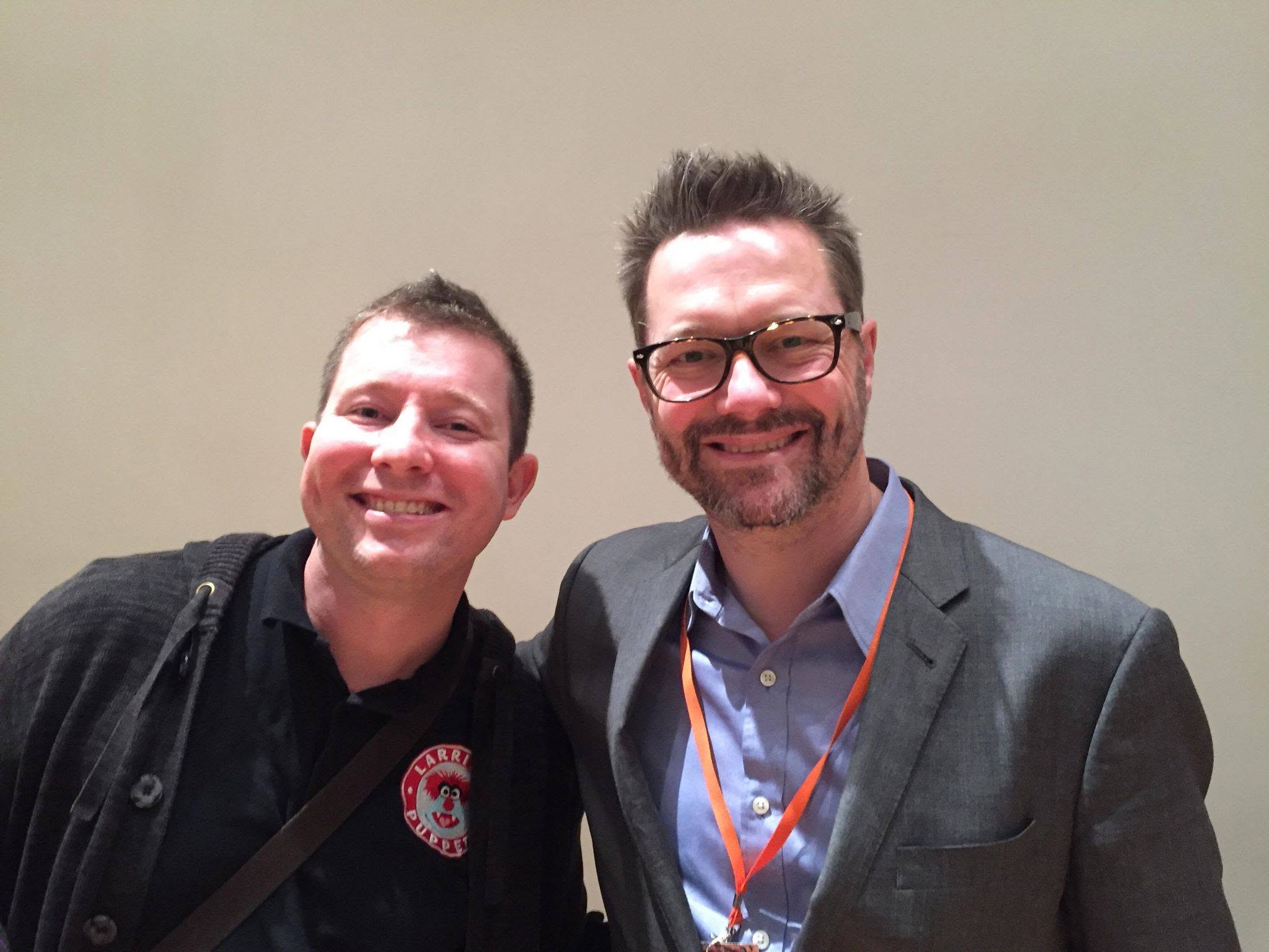 Puppeteer Brett Hansen with Matt Vogel, performer of Kermit the Frog, in Wellington