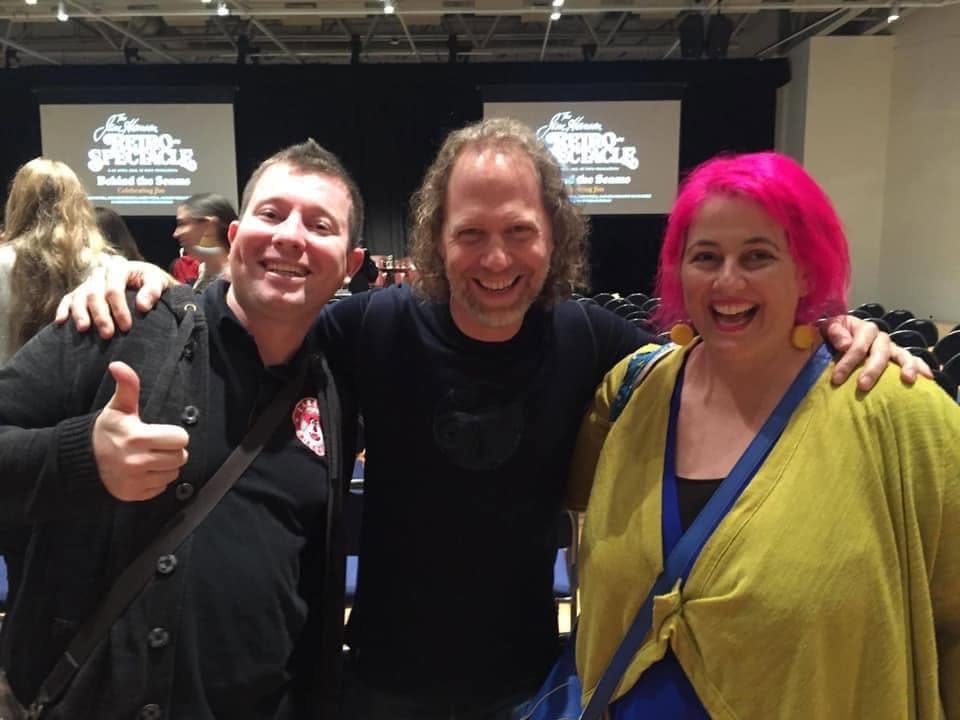 Puppeteers Brett Hansen and Elissa Jenkins with Peter Linz, performer of Ernie and Walter, in Wellington