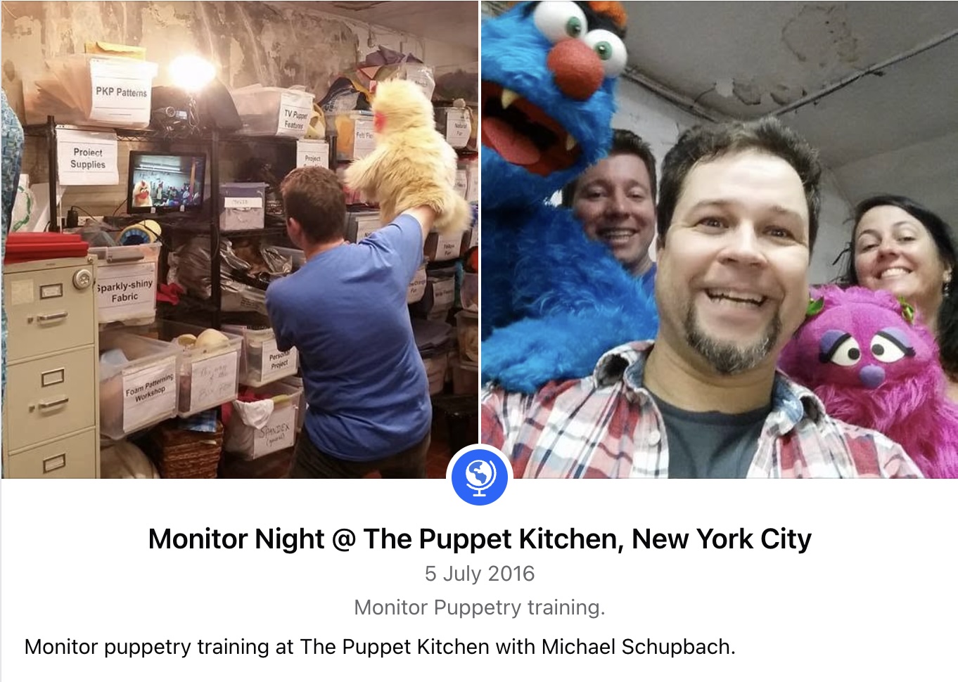 Puppeteer Brett Hansen with Michael Schupbach at The Puppet Kitchen in Manhattan, New York